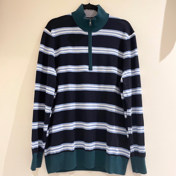 BROOKS BROTHERS 100% Merino Wool Half-zip Navy Stripes Sweater XL Classic Club - Picture 2 of 14